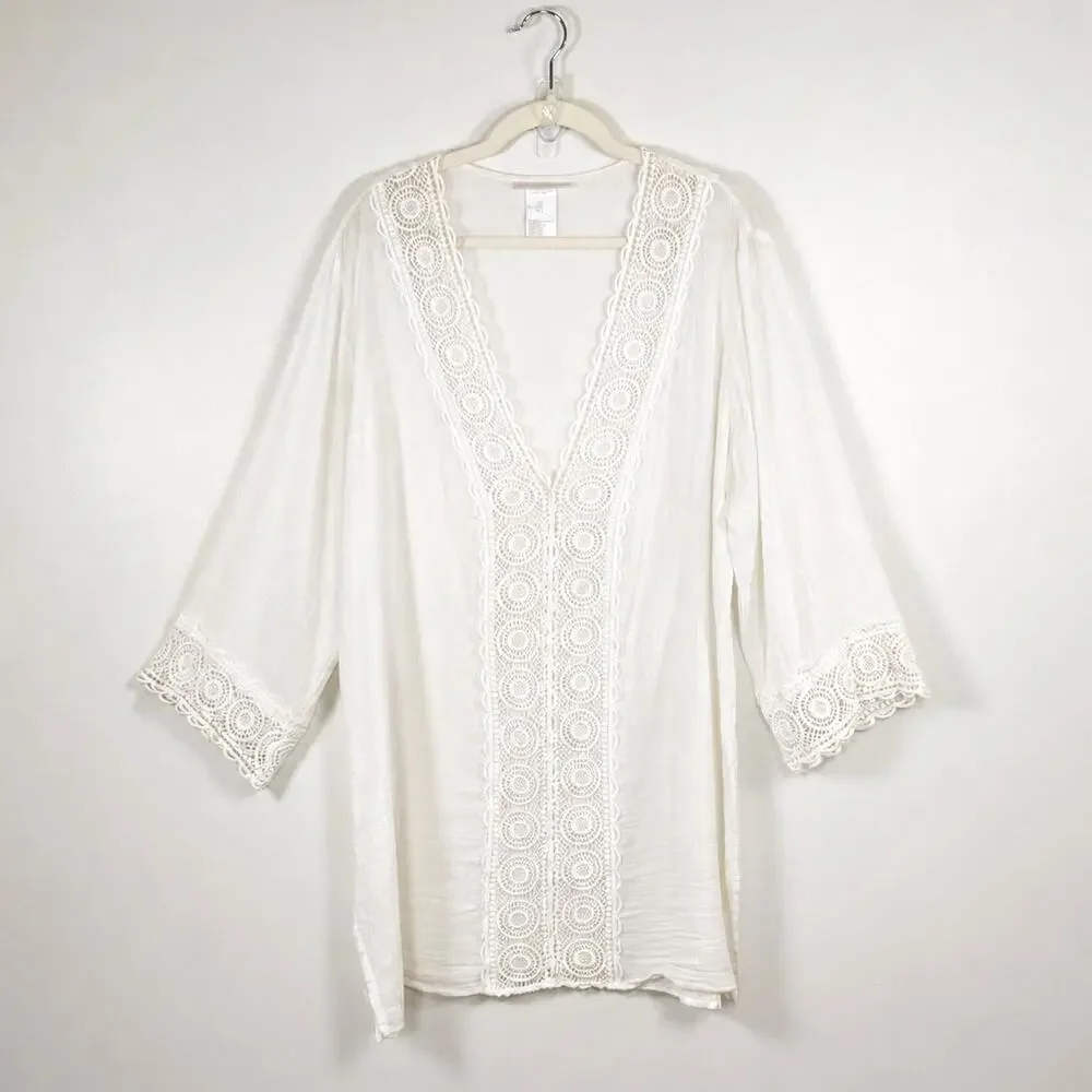 La Blanca Sheer Cotton Gauze Swim Cover‎ Up Dress Crochet White L Beach Boho